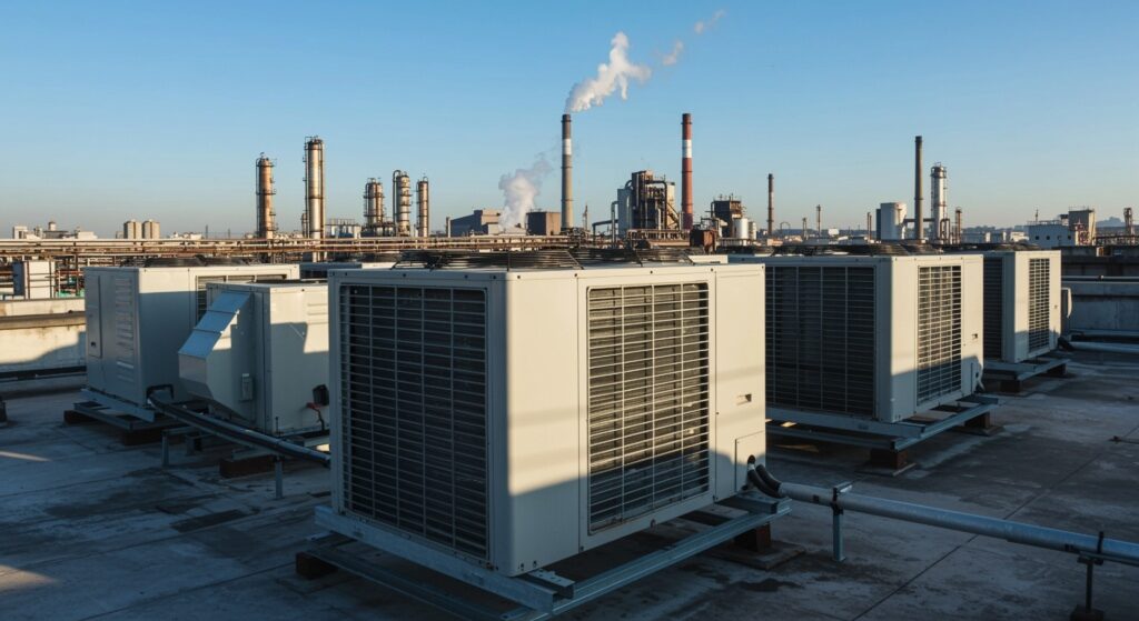 Industrial,Air,Conditioners,,Kültéri,Egységek,Egy,Tet?n,Ipari,Környezetben